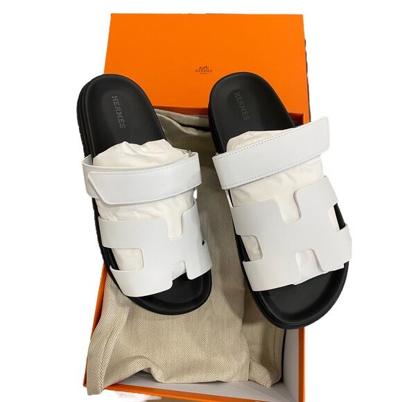 NEW Hermes Chypre White Black Leather Slide Sandal EU 40 Womens - Picture 2 of 10